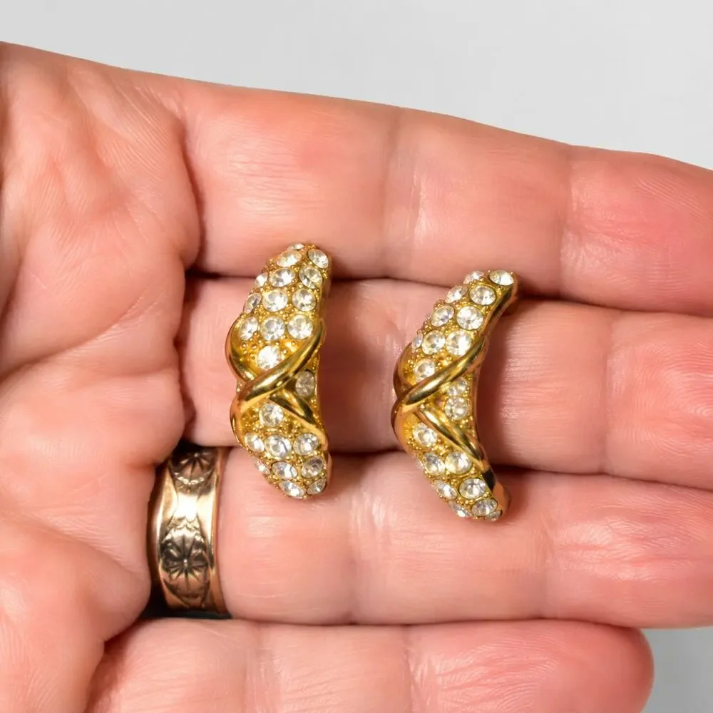 Rhinestone Pierced Earrings Gold-tone Crescents 1